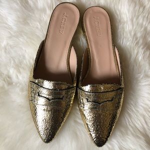 J Crew Gold Crackle Leather Mule Loafers